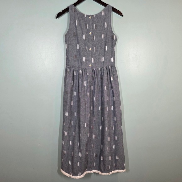 Lilla P Womens XS Blue White Dash Print Cotton Maxi Dress Fringe Hem Button Back - Picture 2 of 12